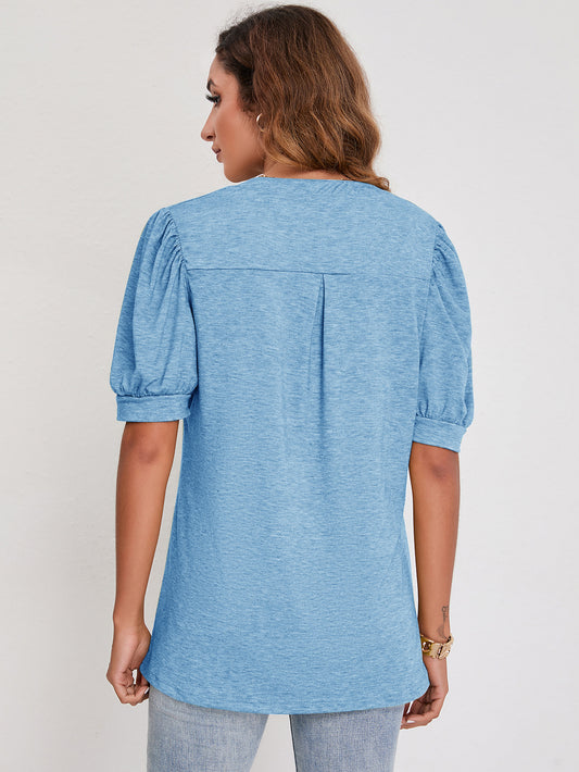 Luna Split V-Neck Pleated Puff Sleeve Blouse