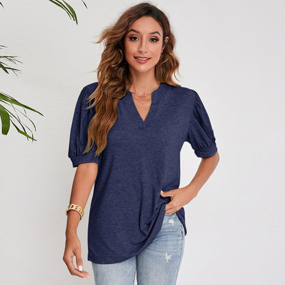 Luna Split V-Neck Pleated Puff Sleeve Blouse