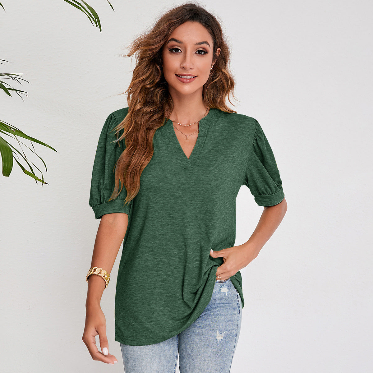 Luna Split V-Neck Pleated Puff Sleeve Blouse