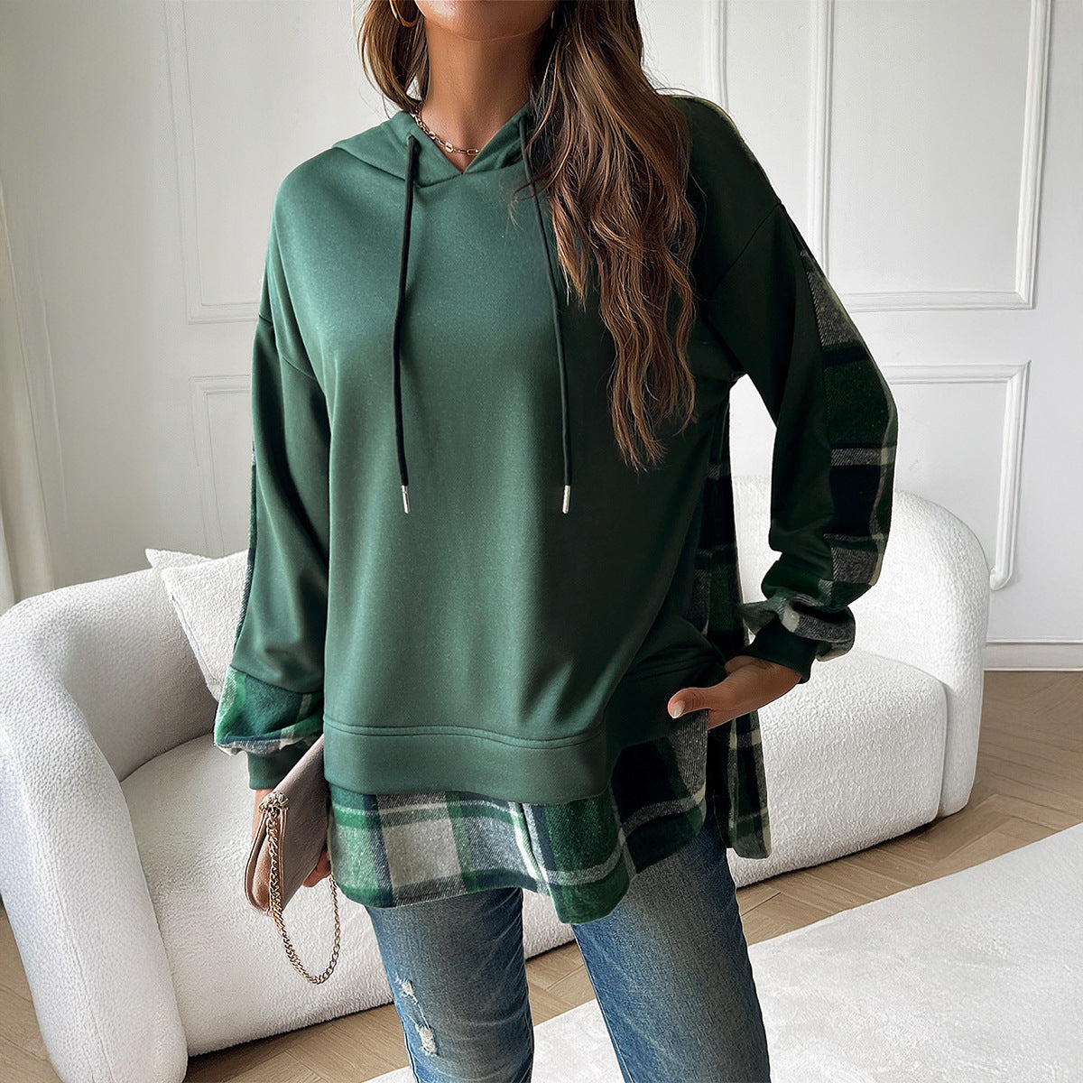 The Rebel Hybrid" Oversized Hoodie with Plaid Patchwork & Asymmetric Hem