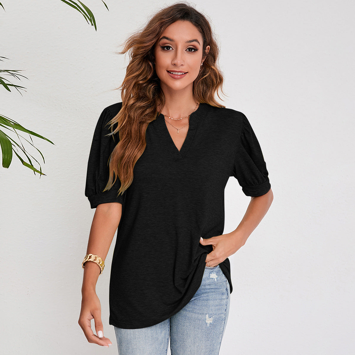 Luna Split V-Neck Pleated Puff Sleeve Blouse