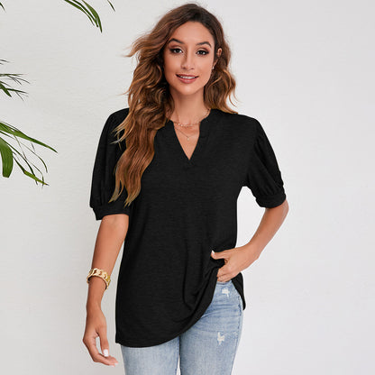 Luna Split V-Neck Pleated Puff Sleeve Blouse