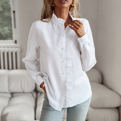 Chic Vertical Striped Shirt with Ruffle Detail