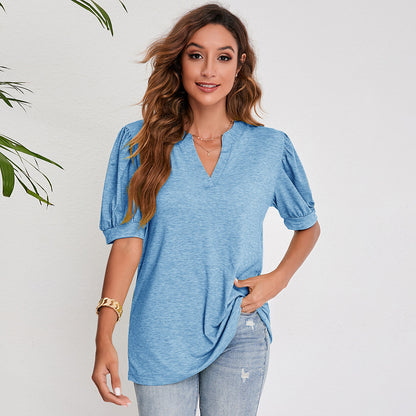 Luna Split V-Neck Pleated Puff Sleeve Blouse
