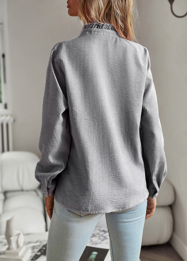Chic Vertical Striped Shirt with Ruffle Detail