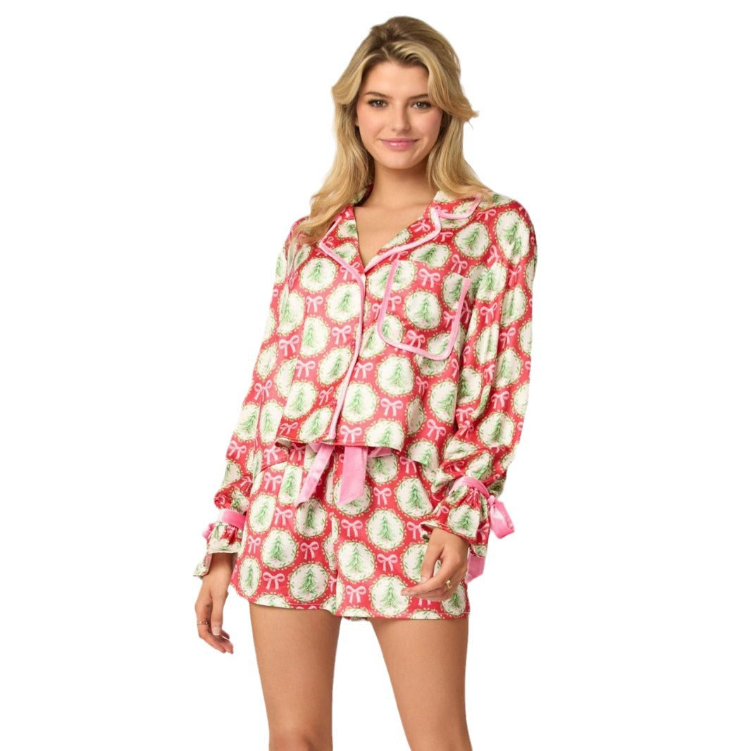 Solstice-Morning Pajama-Suit in "Holiday-Icon" Print with Precision Lapels